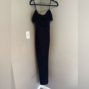 Blue glitter off the shoulder dress with split